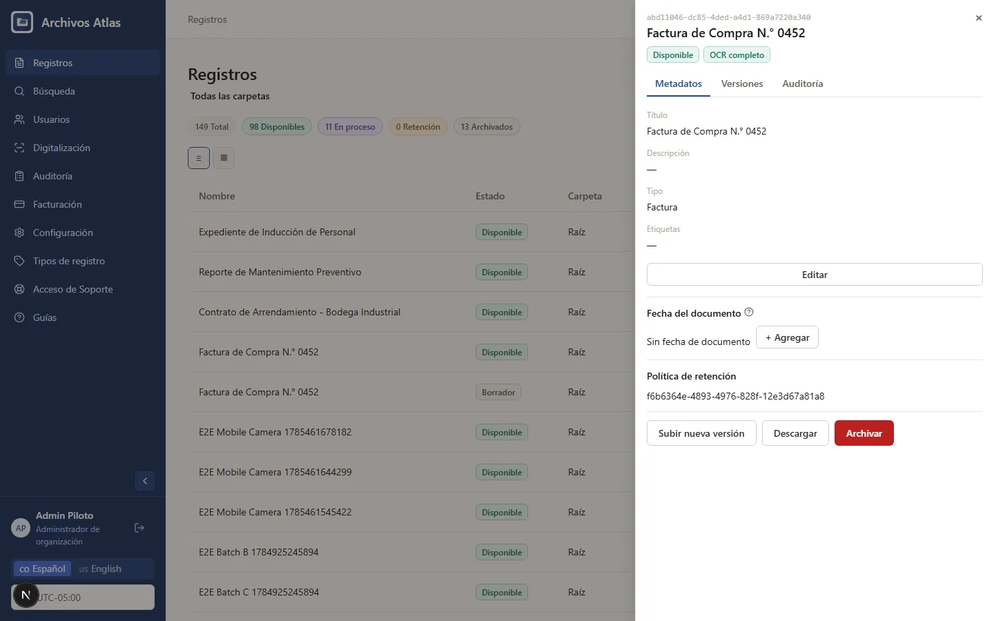Panel de detalle de un registro en Archivos Atlas, mostrando metadatos y estado de OCR completo