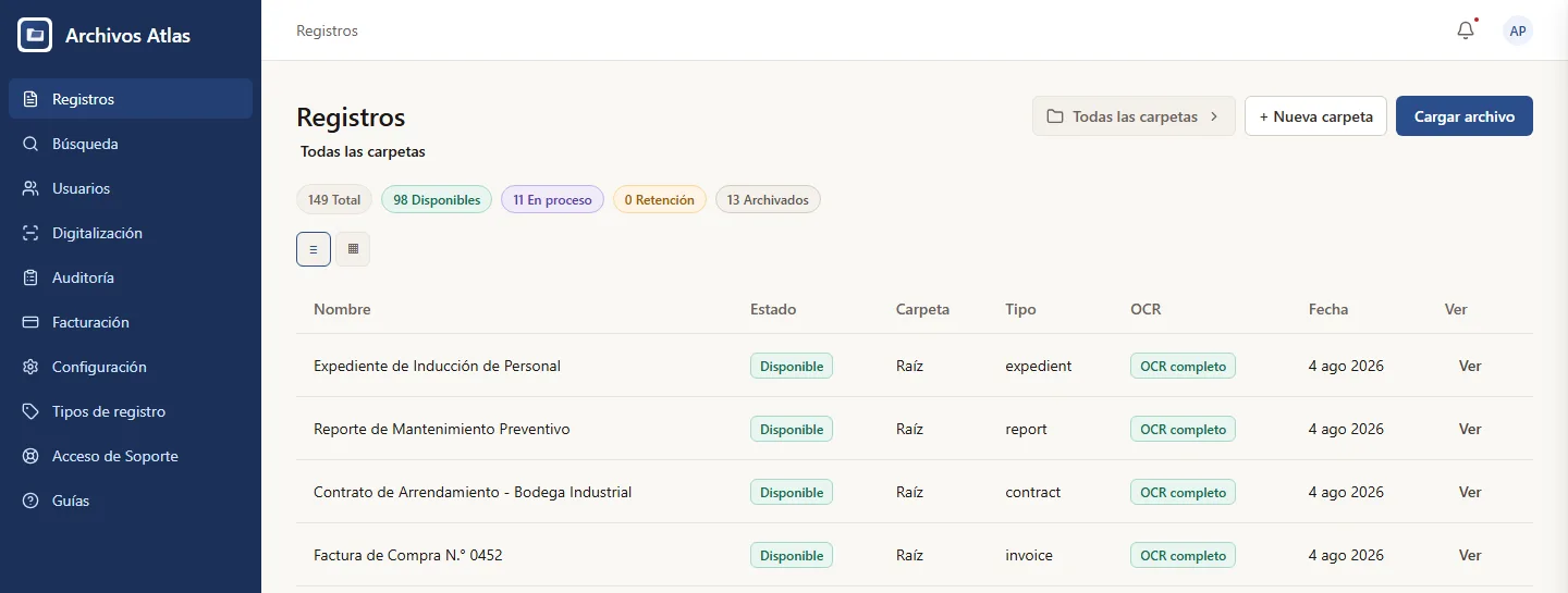 Captura del grid de Registros en Archivos Atlas, mostrando documentos con OCR completo